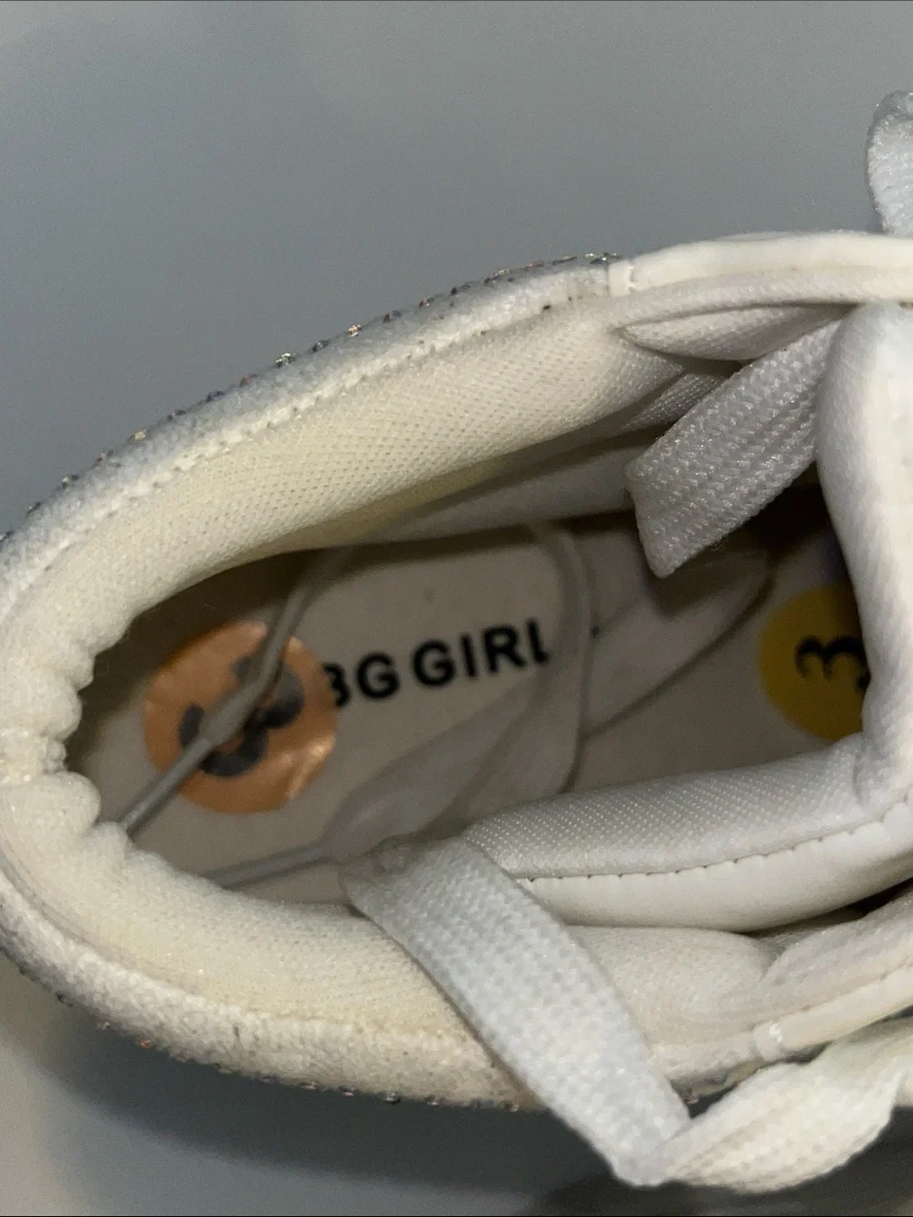BCBGirls Big Girl Sz 3 White High-Top Sneakers w/ Rhinestones, Call Outs